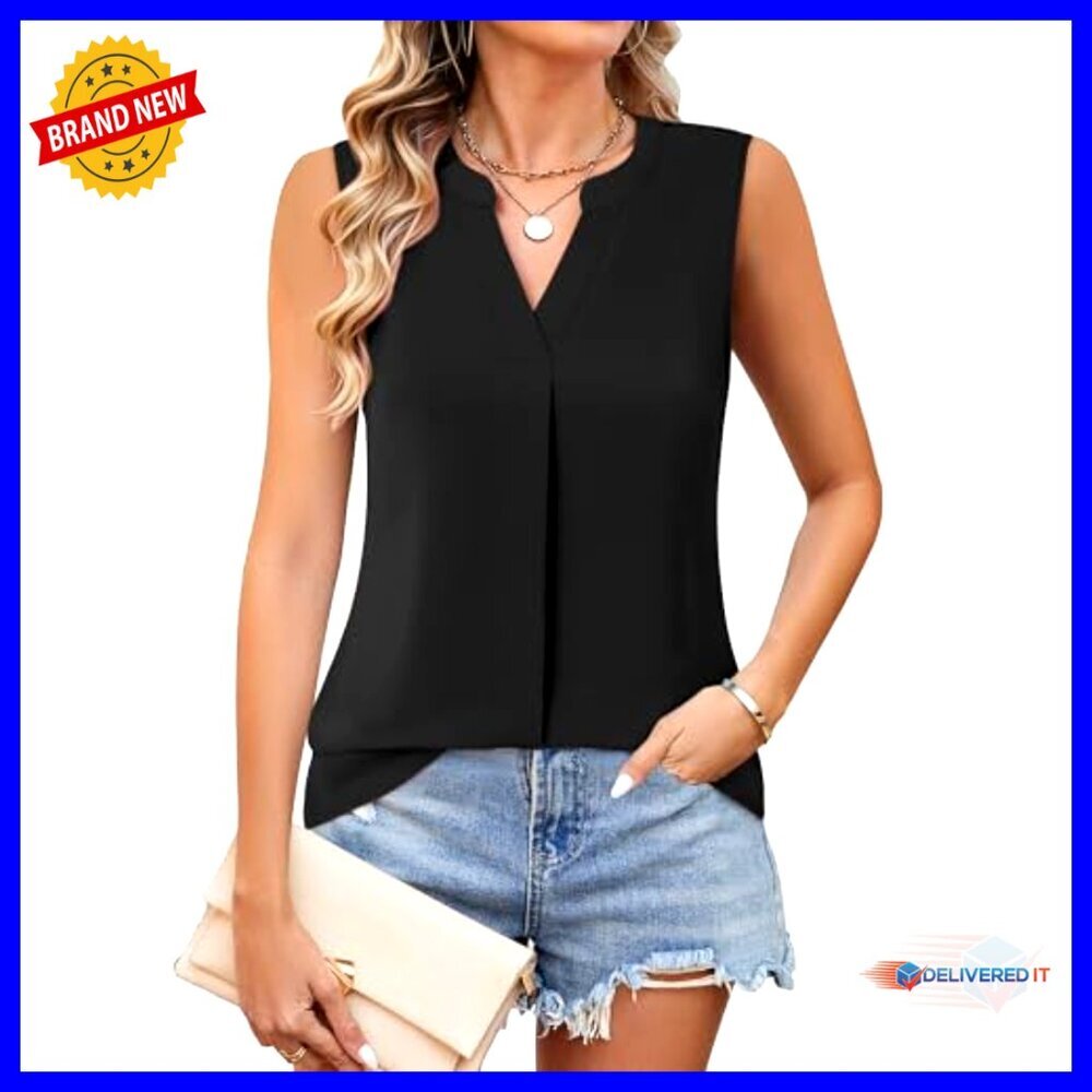 Chiffon V Neck Sleeveless Blouse Elegant Office Work Shirt Chic Minimal - Picture 3 of 7